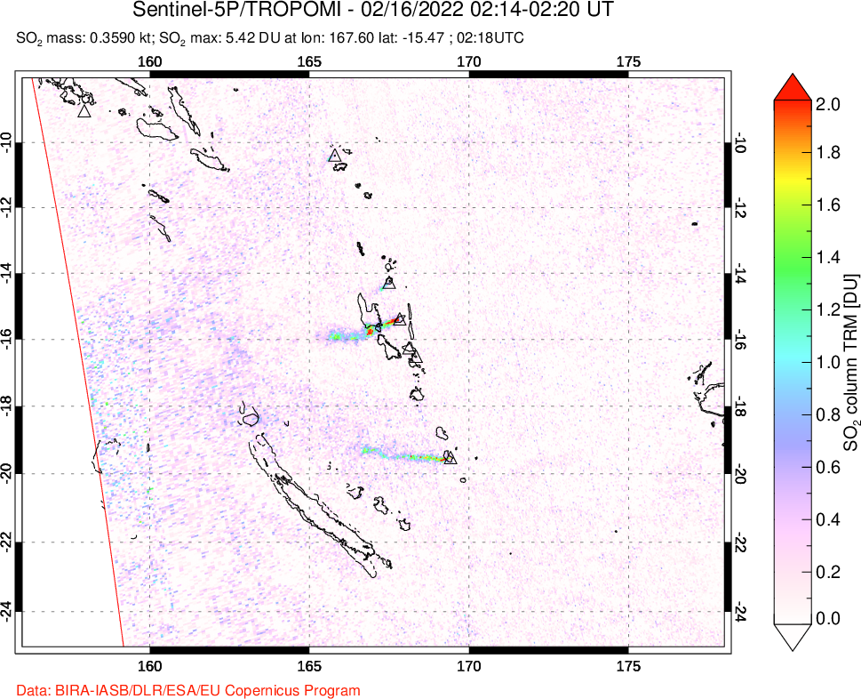 A sulfur dioxide image over Vanuatu, South Pacific on Feb 16, 2022.