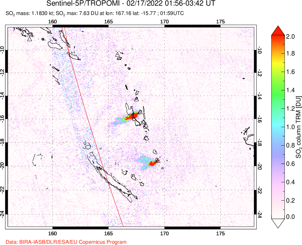 A sulfur dioxide image over Vanuatu, South Pacific on Feb 17, 2022.