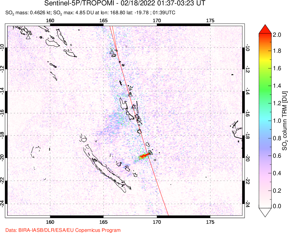 A sulfur dioxide image over Vanuatu, South Pacific on Feb 18, 2022.