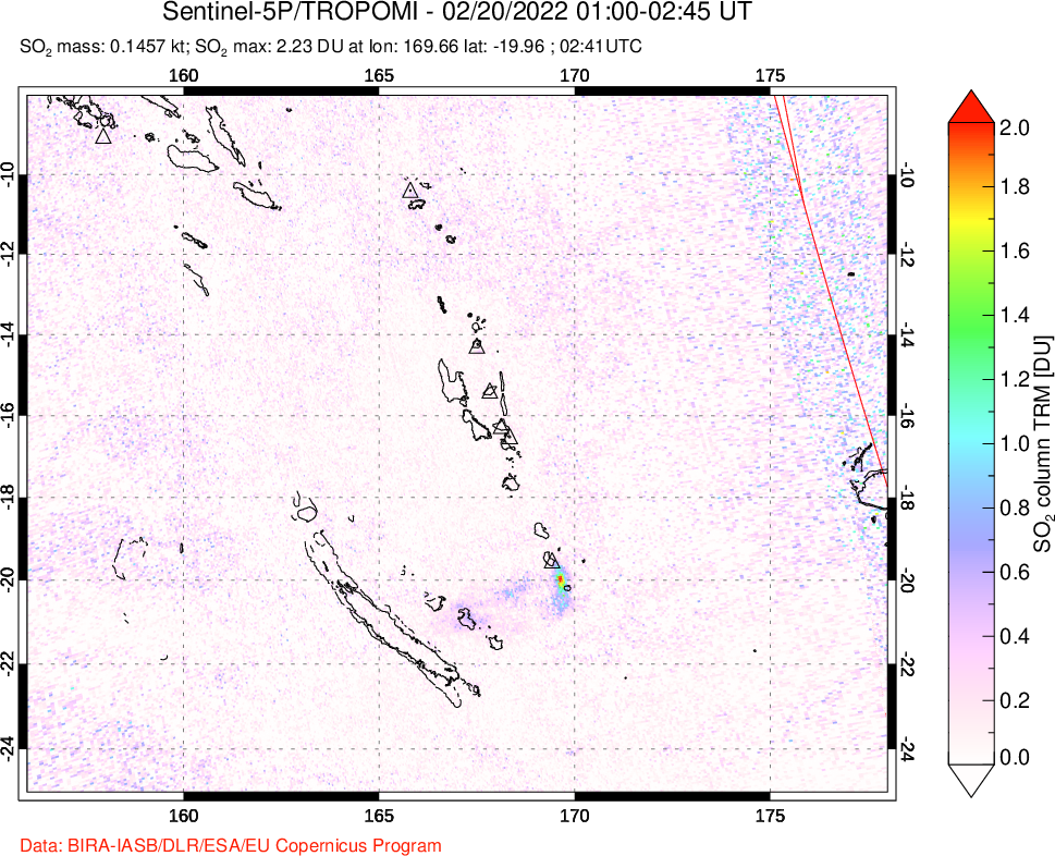 A sulfur dioxide image over Vanuatu, South Pacific on Feb 20, 2022.