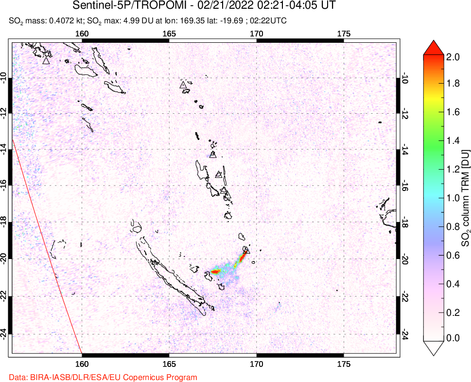A sulfur dioxide image over Vanuatu, South Pacific on Feb 21, 2022.