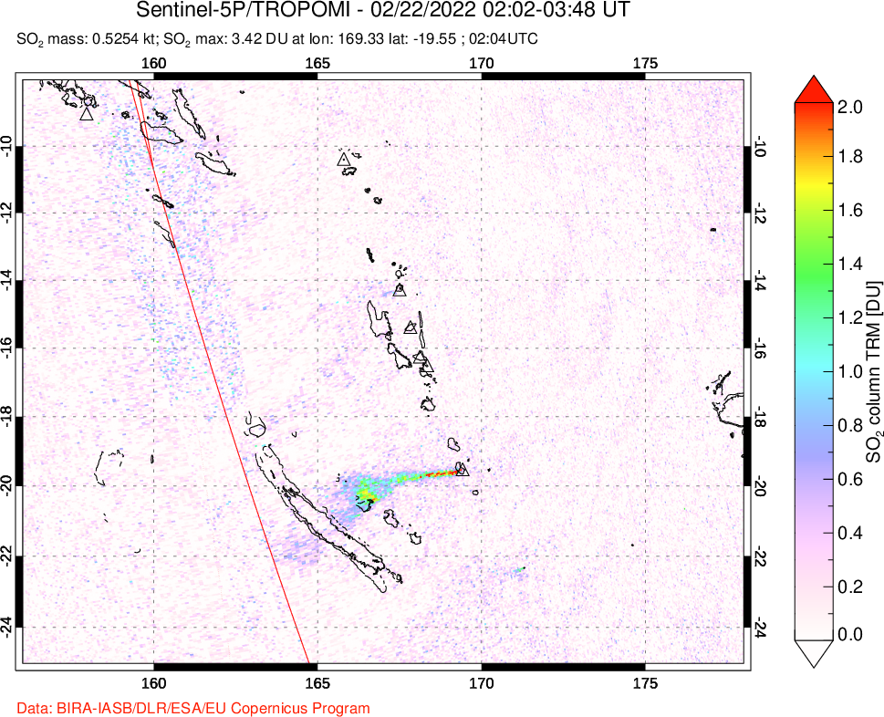 A sulfur dioxide image over Vanuatu, South Pacific on Feb 22, 2022.