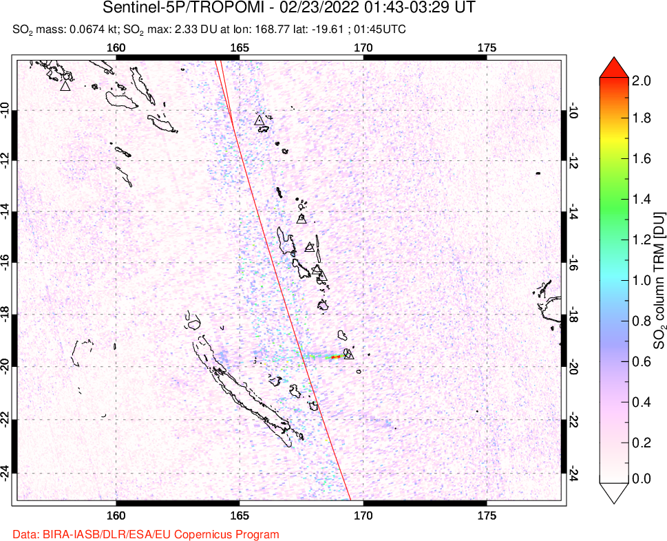 A sulfur dioxide image over Vanuatu, South Pacific on Feb 23, 2022.