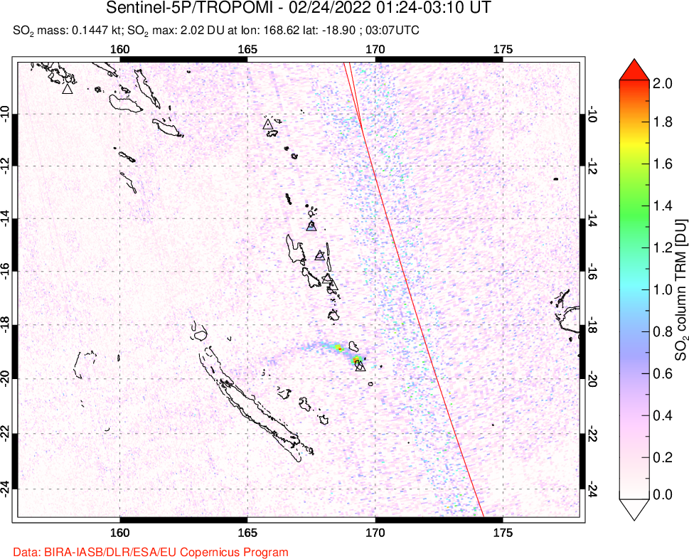 A sulfur dioxide image over Vanuatu, South Pacific on Feb 24, 2022.