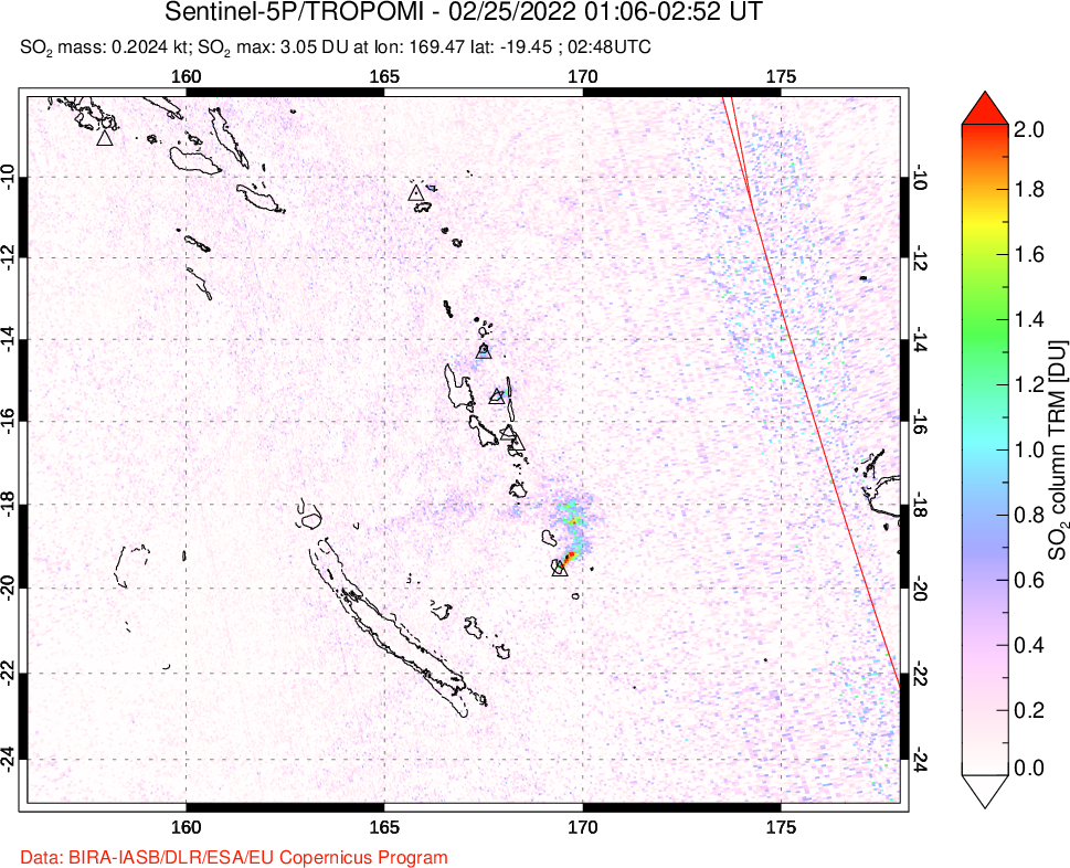 A sulfur dioxide image over Vanuatu, South Pacific on Feb 25, 2022.