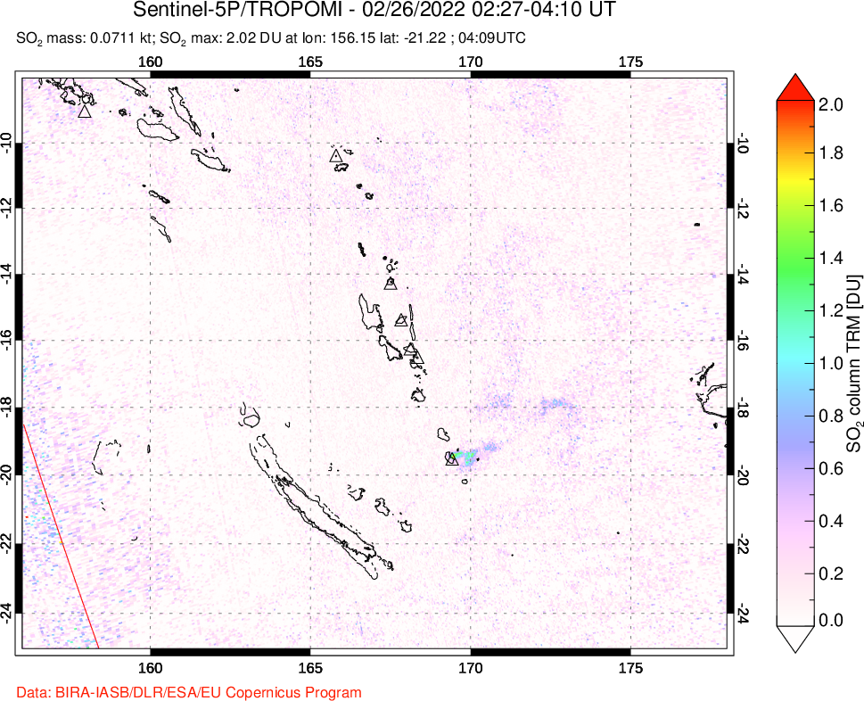 A sulfur dioxide image over Vanuatu, South Pacific on Feb 26, 2022.