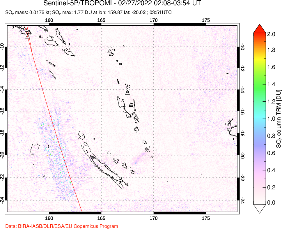 A sulfur dioxide image over Vanuatu, South Pacific on Feb 27, 2022.