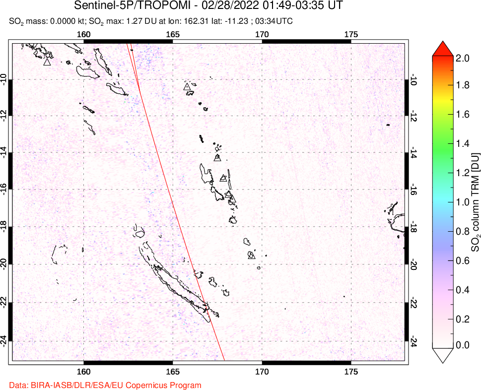 A sulfur dioxide image over Vanuatu, South Pacific on Feb 28, 2022.