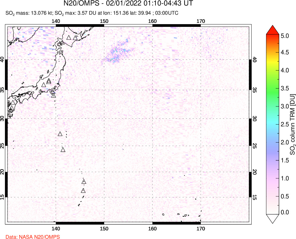 A sulfur dioxide image over Western Pacific on Feb 01, 2022.