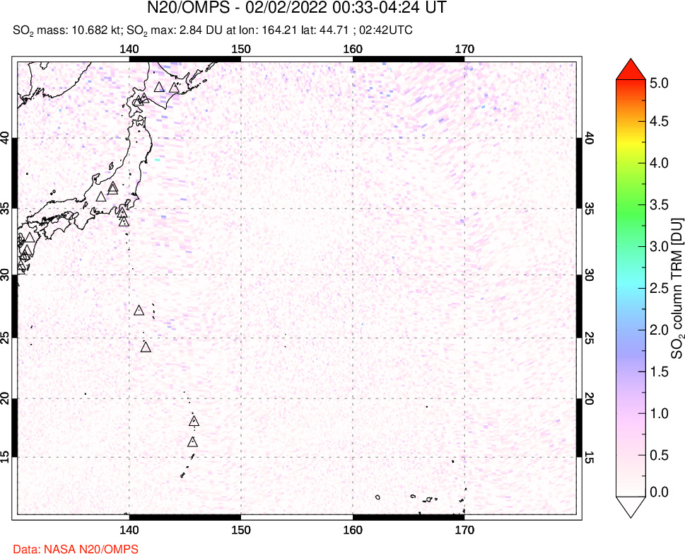 A sulfur dioxide image over Western Pacific on Feb 02, 2022.