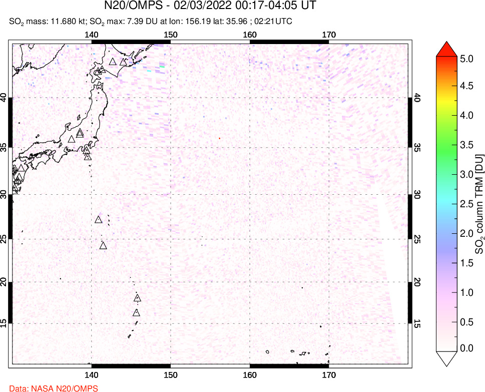 A sulfur dioxide image over Western Pacific on Feb 03, 2022.