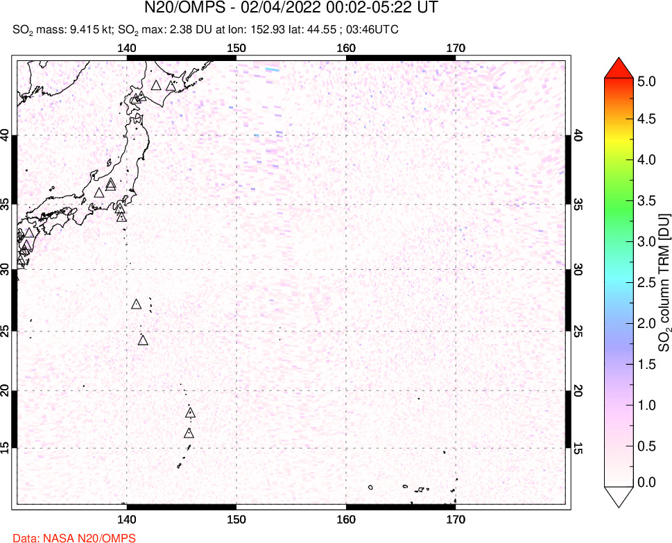 A sulfur dioxide image over Western Pacific on Feb 04, 2022.