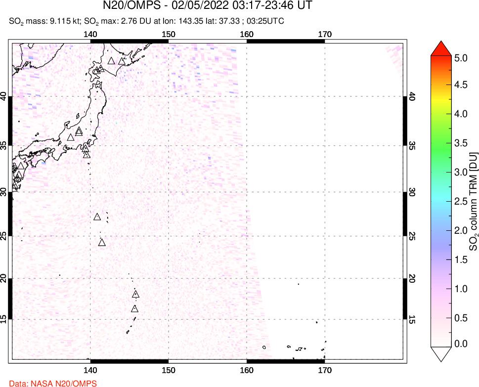 A sulfur dioxide image over Western Pacific on Feb 05, 2022.