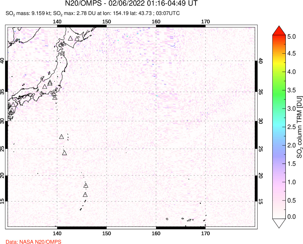 A sulfur dioxide image over Western Pacific on Feb 06, 2022.