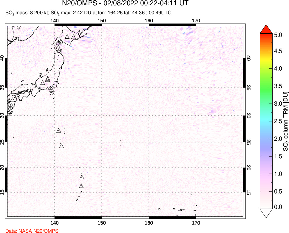 A sulfur dioxide image over Western Pacific on Feb 08, 2022.