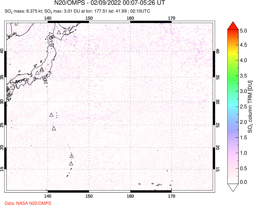 A sulfur dioxide image over Western Pacific on Feb 09, 2022.