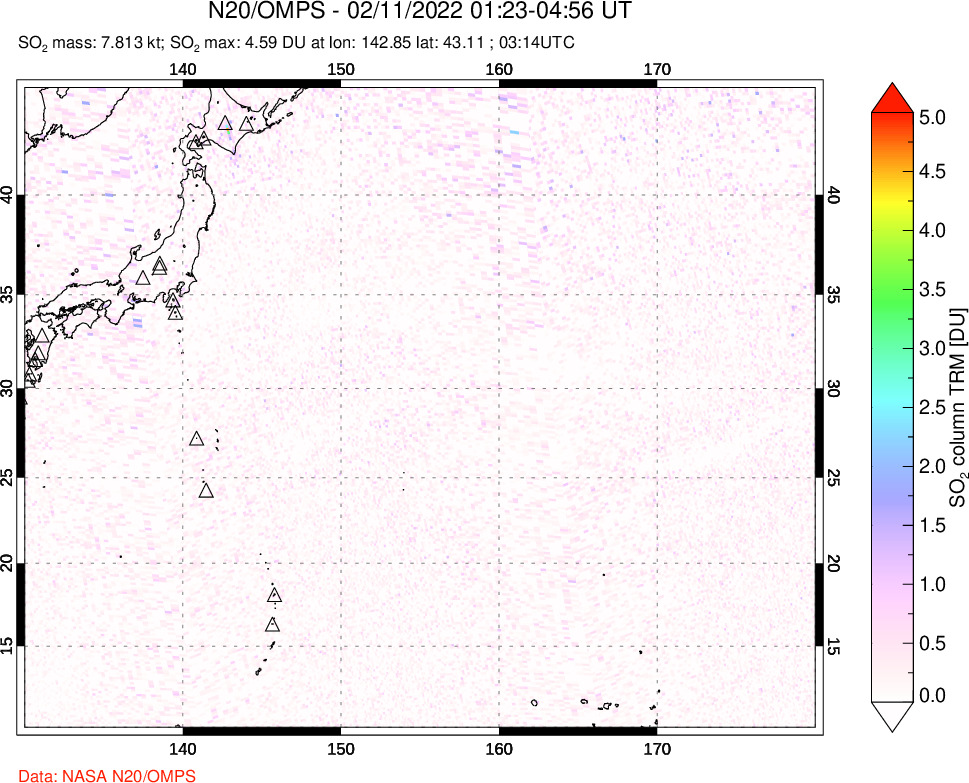 A sulfur dioxide image over Western Pacific on Feb 11, 2022.