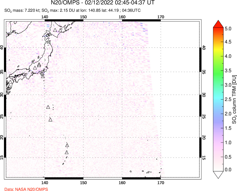 A sulfur dioxide image over Western Pacific on Feb 12, 2022.