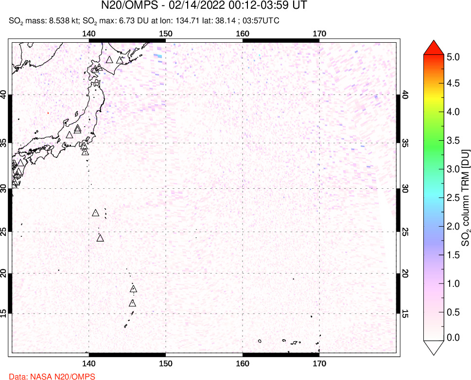 A sulfur dioxide image over Western Pacific on Feb 14, 2022.