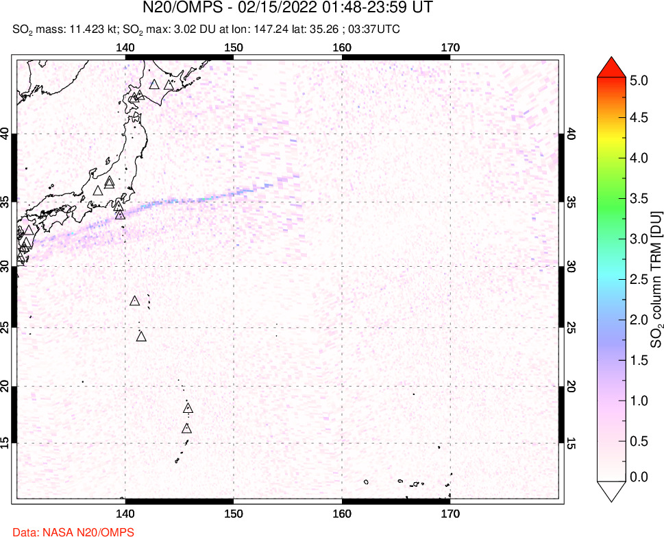 A sulfur dioxide image over Western Pacific on Feb 15, 2022.