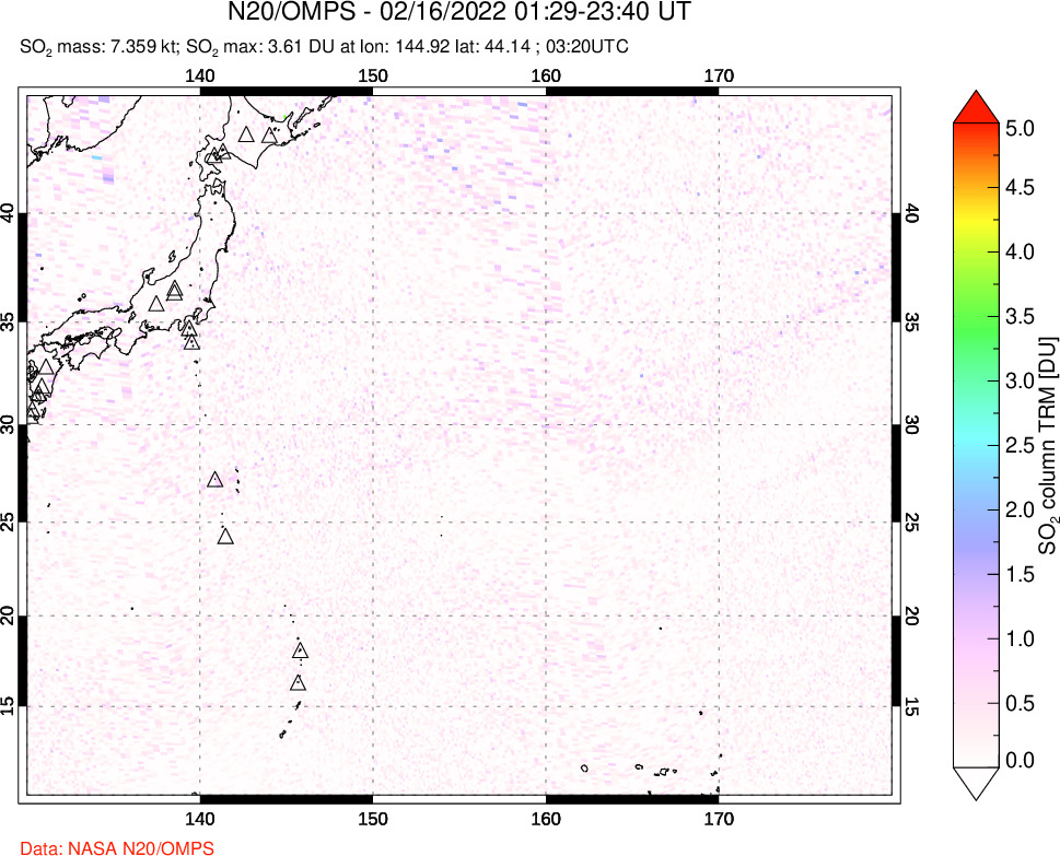 A sulfur dioxide image over Western Pacific on Feb 16, 2022.