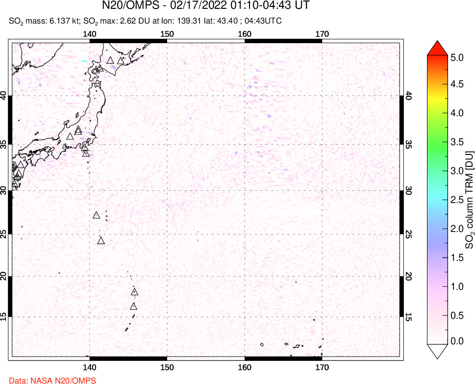 A sulfur dioxide image over Western Pacific on Feb 17, 2022.