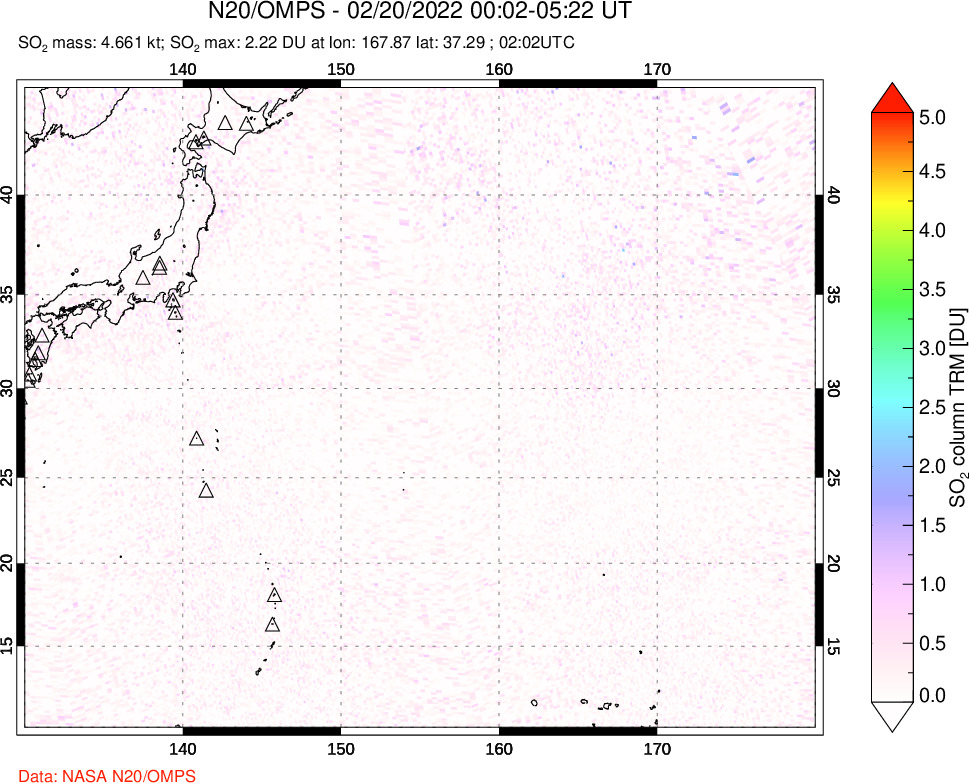 A sulfur dioxide image over Western Pacific on Feb 20, 2022.