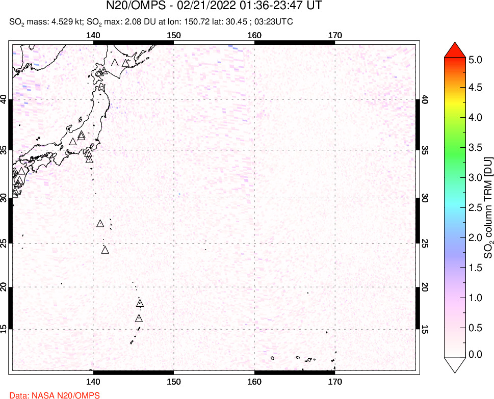 A sulfur dioxide image over Western Pacific on Feb 21, 2022.