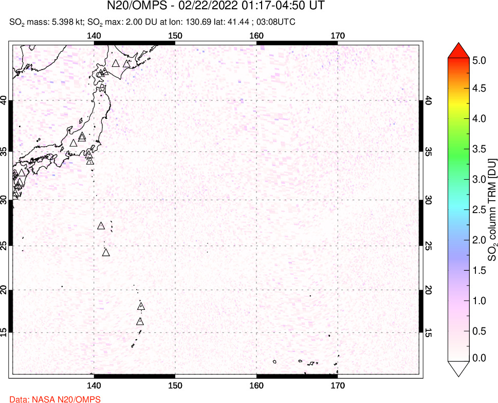 A sulfur dioxide image over Western Pacific on Feb 22, 2022.