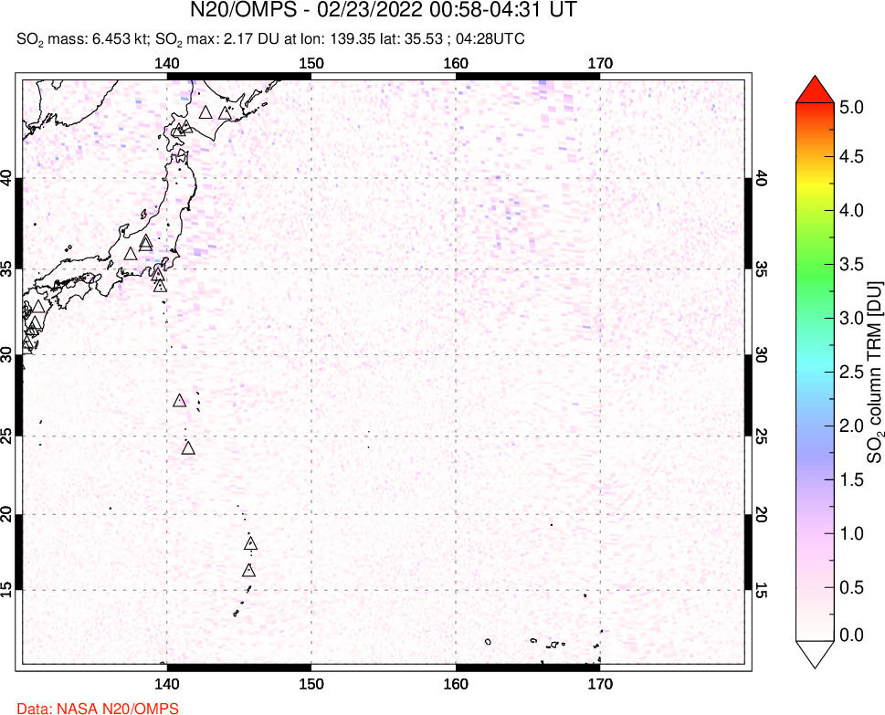 A sulfur dioxide image over Western Pacific on Feb 23, 2022.