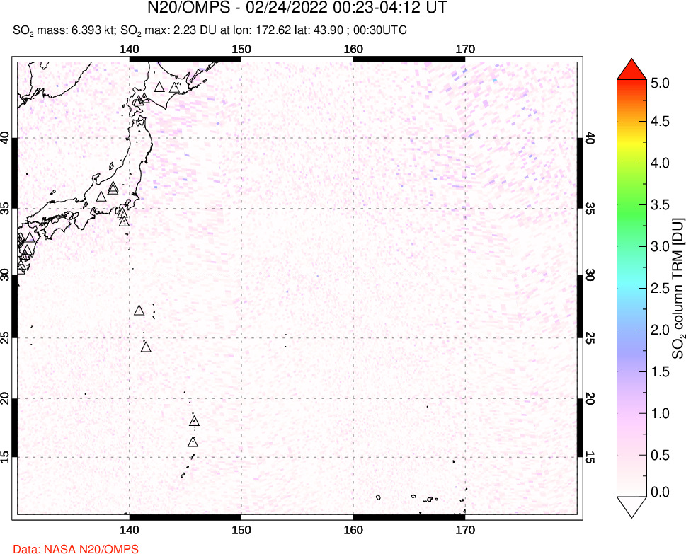 A sulfur dioxide image over Western Pacific on Feb 24, 2022.