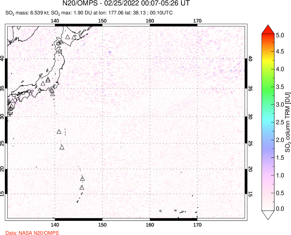 A sulfur dioxide image over Western Pacific on Feb 25, 2022.