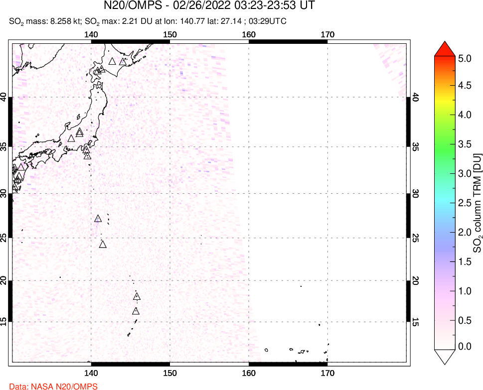 A sulfur dioxide image over Western Pacific on Feb 26, 2022.