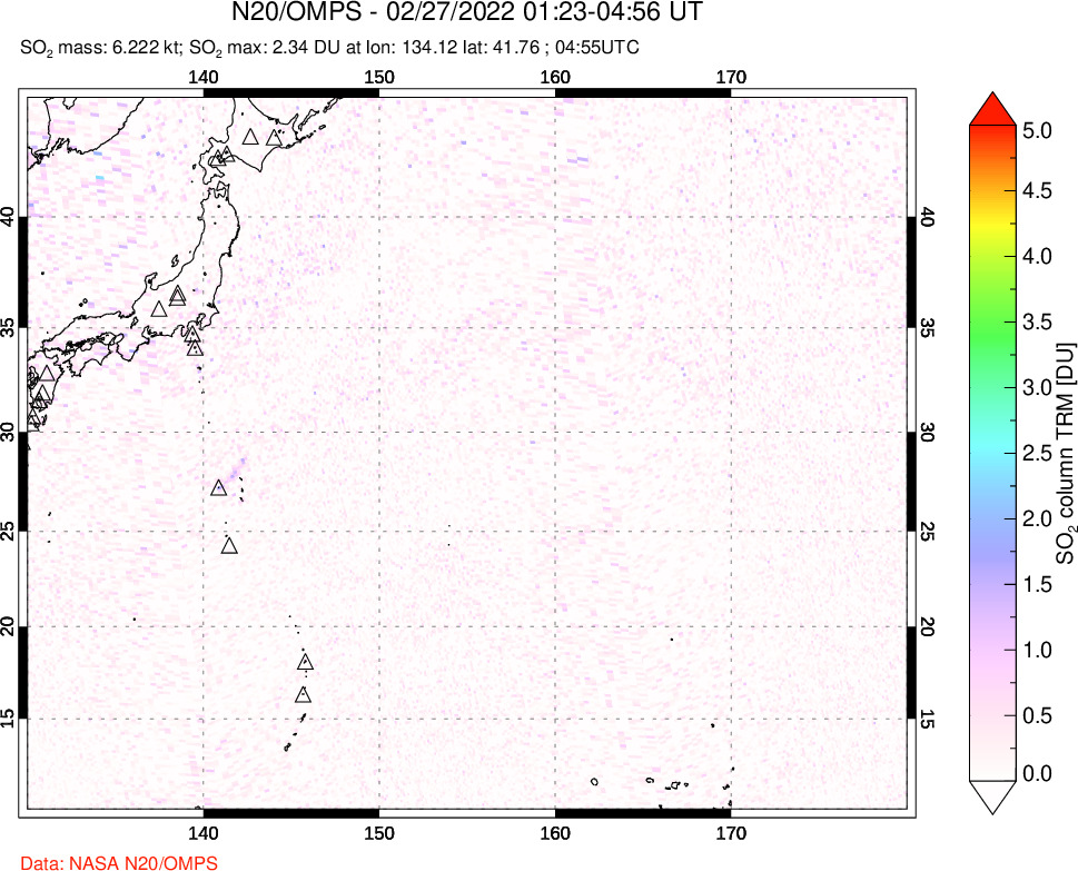 A sulfur dioxide image over Western Pacific on Feb 27, 2022.