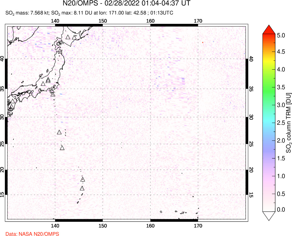 A sulfur dioxide image over Western Pacific on Feb 28, 2022.