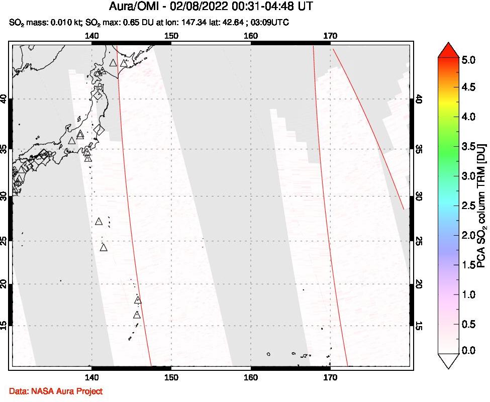 A sulfur dioxide image over Western Pacific on Feb 08, 2022.