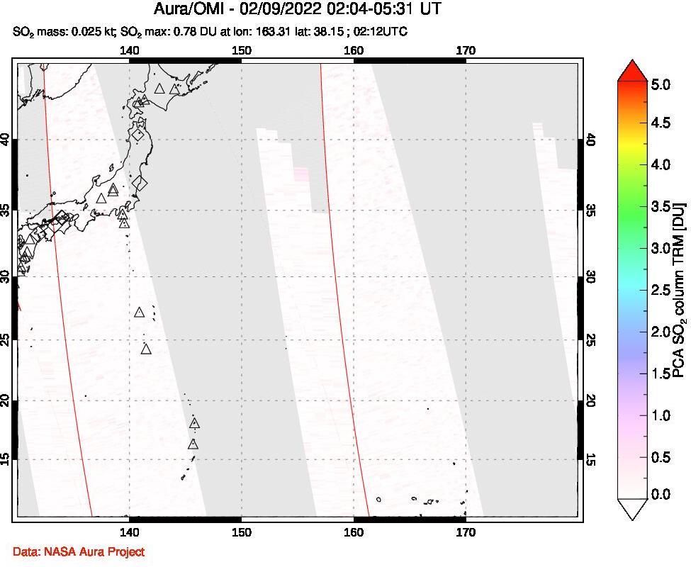 A sulfur dioxide image over Western Pacific on Feb 09, 2022.