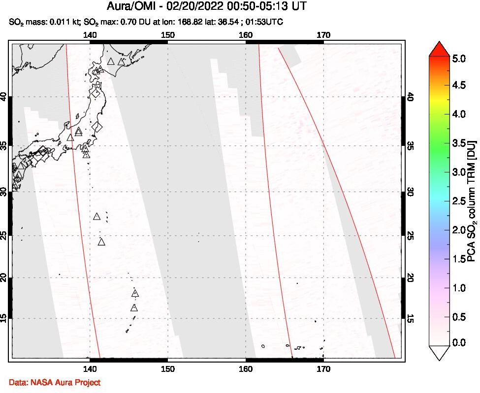 A sulfur dioxide image over Western Pacific on Feb 20, 2022.