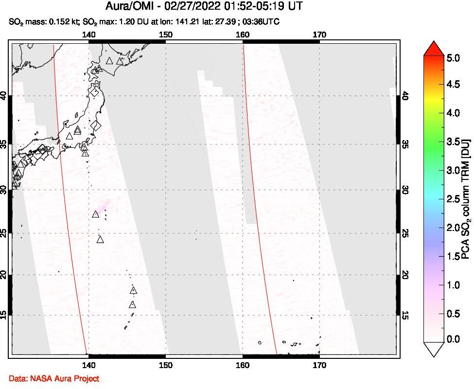 A sulfur dioxide image over Western Pacific on Feb 27, 2022.