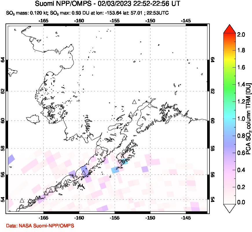 A sulfur dioxide image over Alaska, USA on Feb 03, 2023.