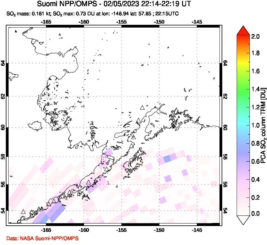 A sulfur dioxide image over Alaska, USA on Feb 05, 2023.