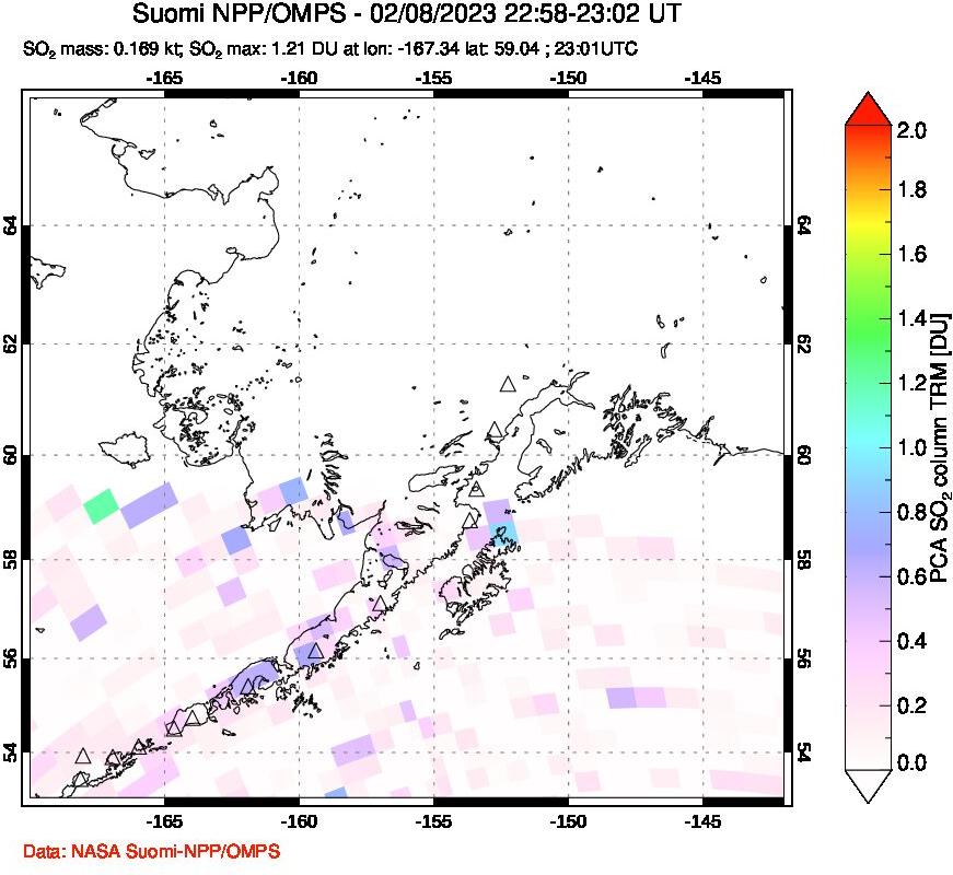 A sulfur dioxide image over Alaska, USA on Feb 08, 2023.