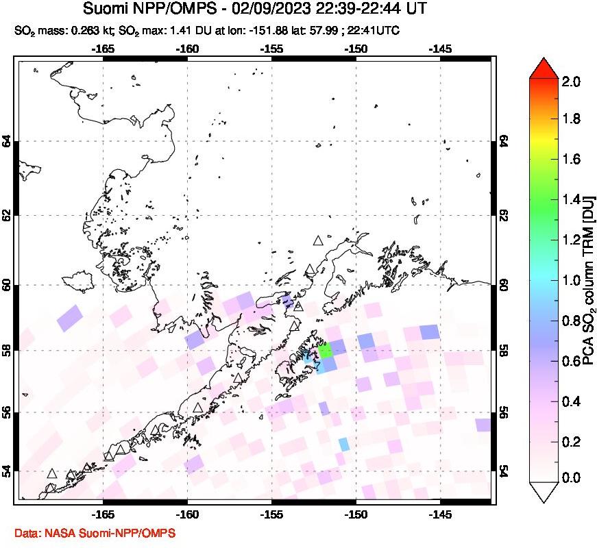 A sulfur dioxide image over Alaska, USA on Feb 09, 2023.