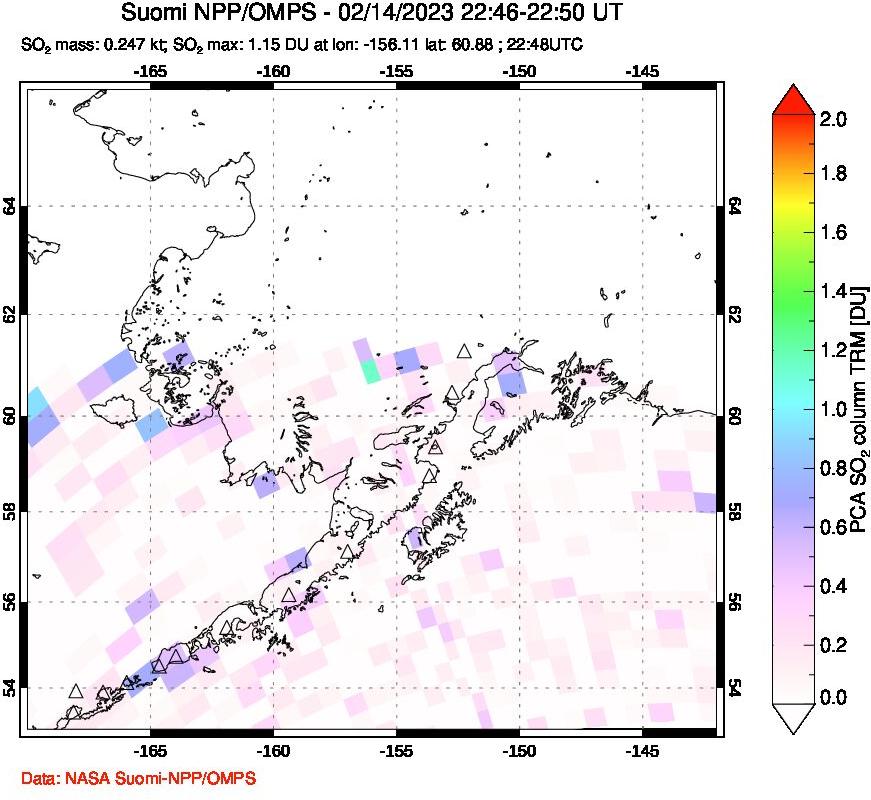 A sulfur dioxide image over Alaska, USA on Feb 14, 2023.