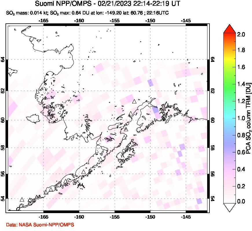 A sulfur dioxide image over Alaska, USA on Feb 21, 2023.