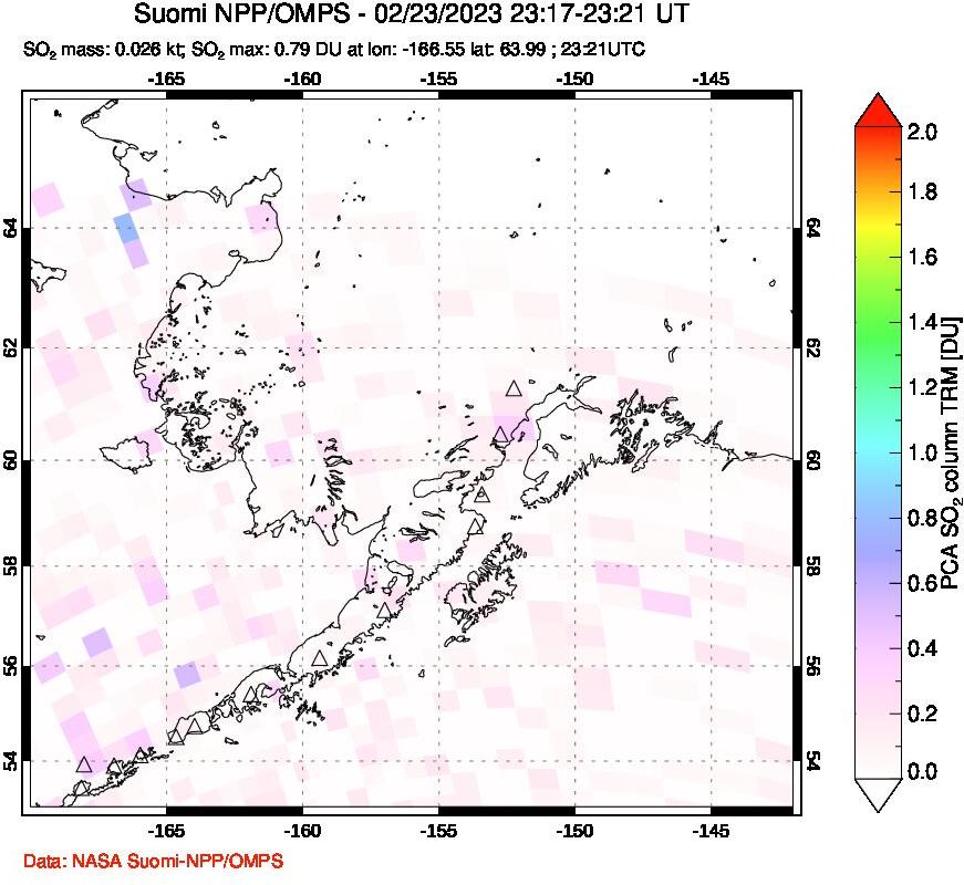 A sulfur dioxide image over Alaska, USA on Feb 23, 2023.