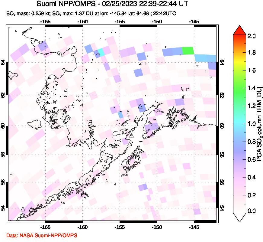 A sulfur dioxide image over Alaska, USA on Feb 25, 2023.