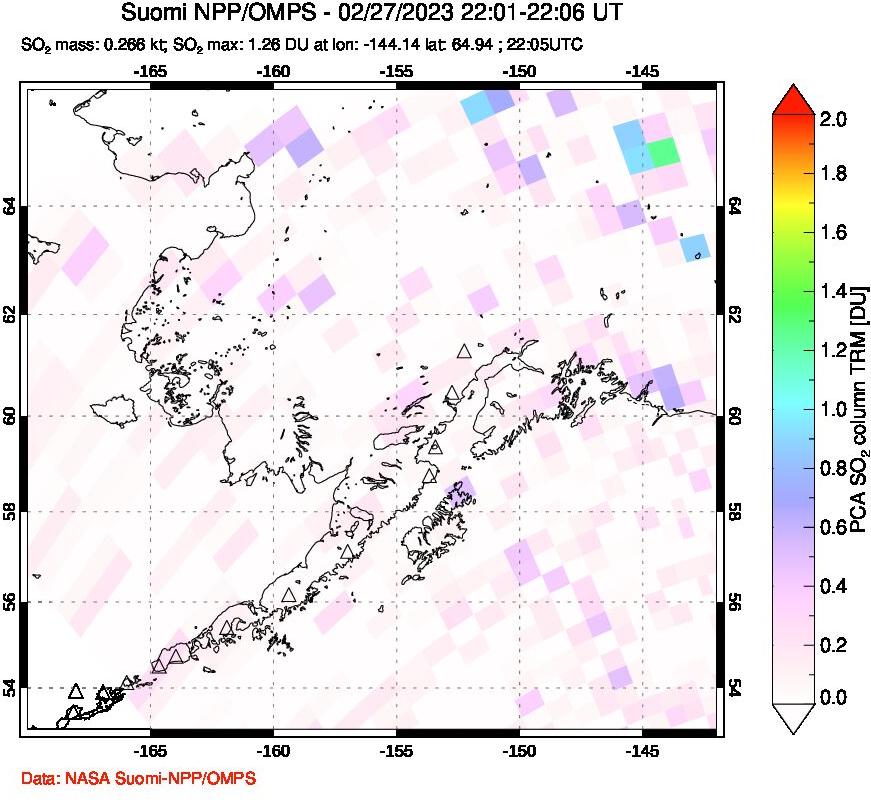 A sulfur dioxide image over Alaska, USA on Feb 27, 2023.