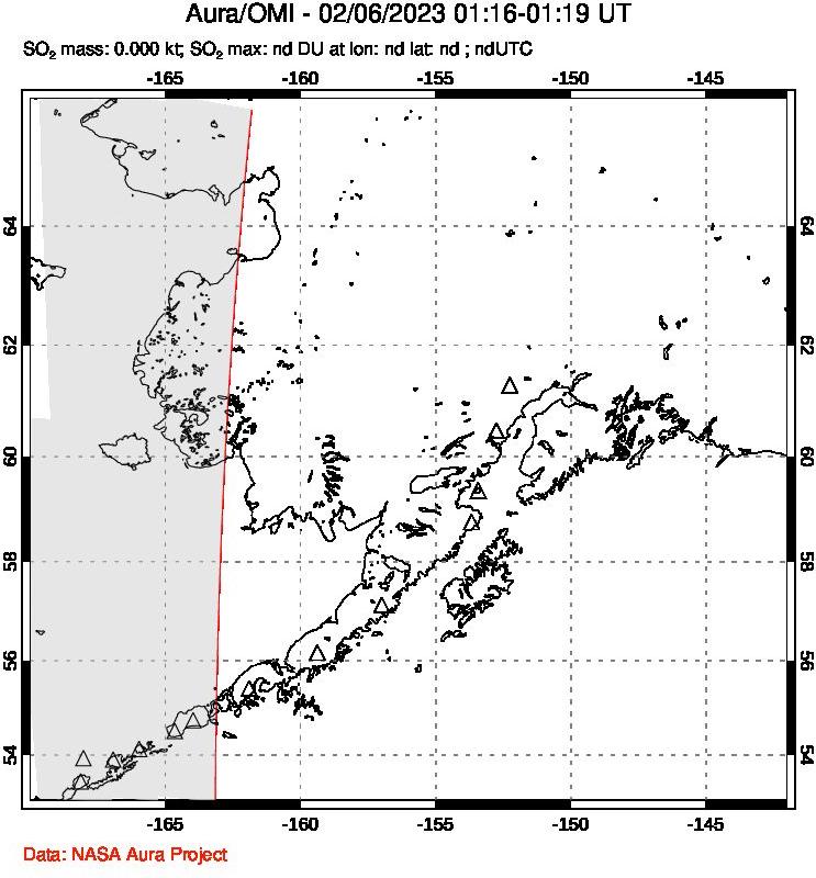 A sulfur dioxide image over Alaska, USA on Feb 06, 2023.