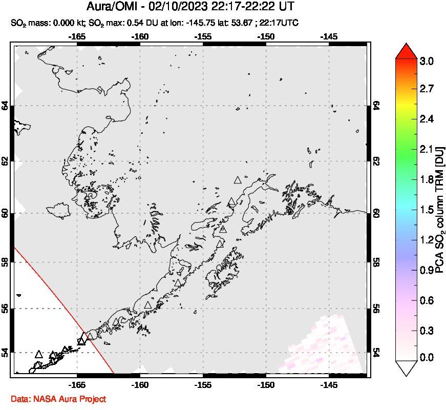 A sulfur dioxide image over Alaska, USA on Feb 10, 2023.